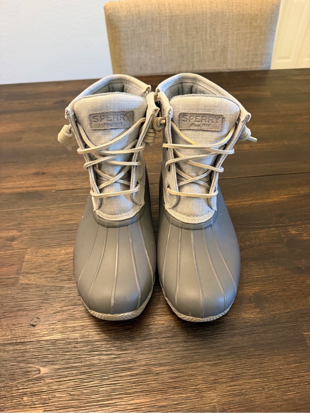 Sperry Women's Light Gray Waterproof Lace-Up Duck Boots